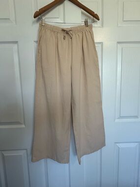 100% Linen Wide Leg Pants Neutral Beige Elastic Waist Drawstring Relaxed M